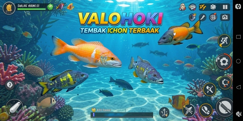 Screenshot utama VALOHOKI menampilkan aksi tembak ikan yang mendebarkan.